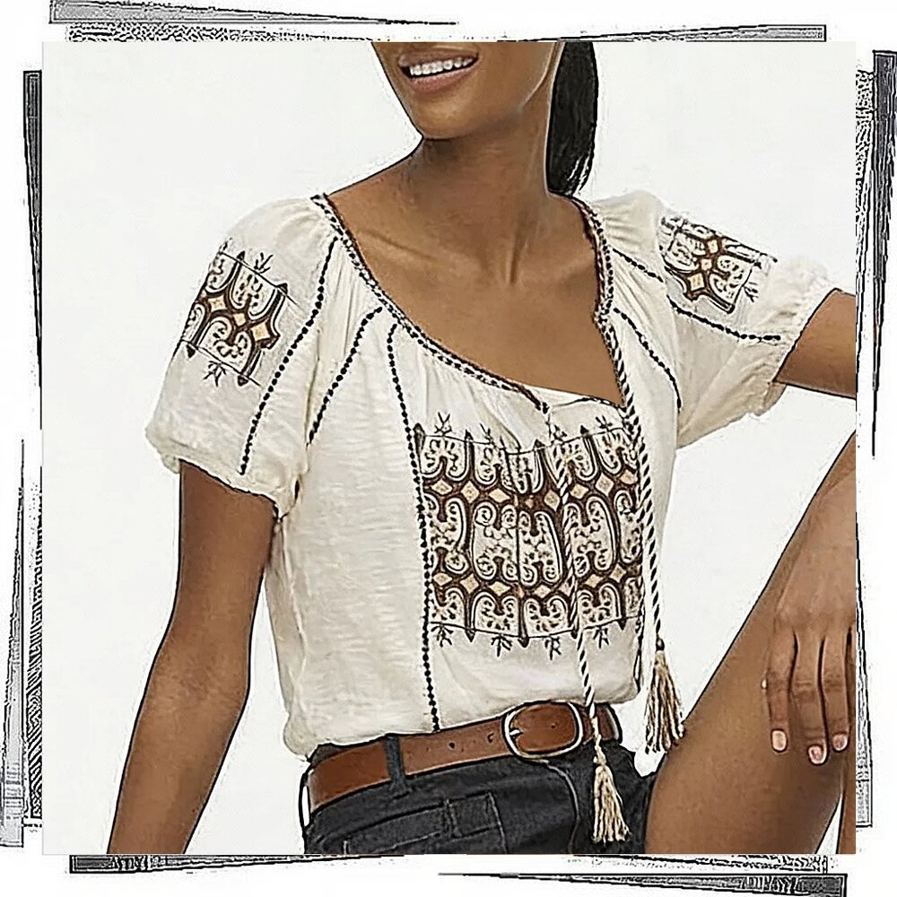 Cream & Browns Peasant Style Boho Top w/ Embroidery n' Ties (S) by C KEER